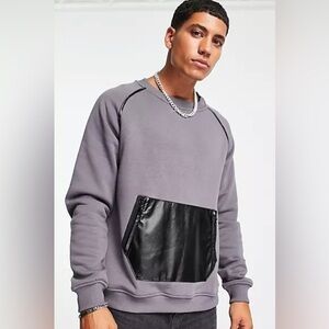 Bolongaro Trevor Gray Pullover Sweatshirt w/Vegan Leather Kangaroo Pocket Large